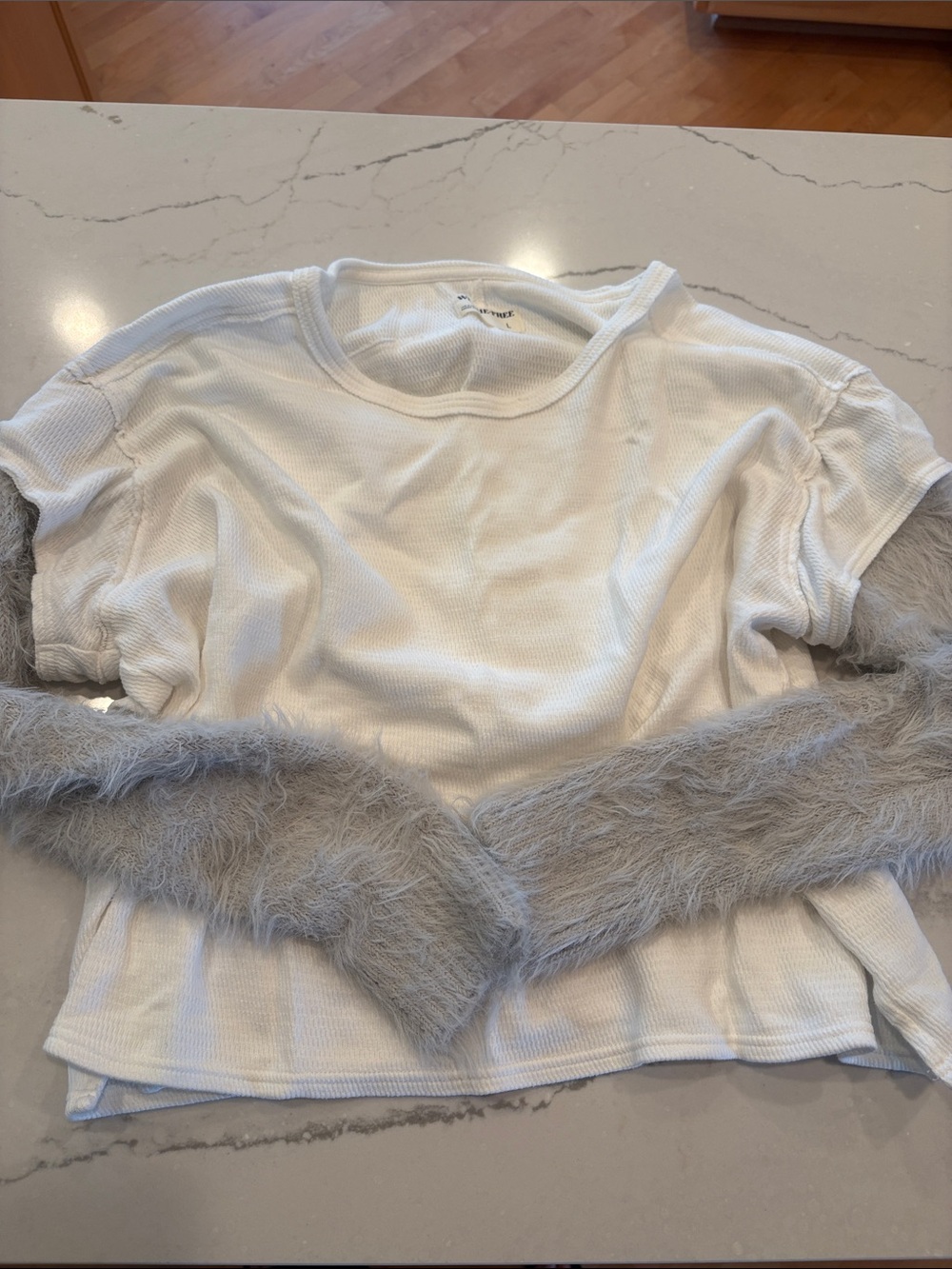 Free People White Short Sleeve Top with Gray Faux-Fur Sleeves